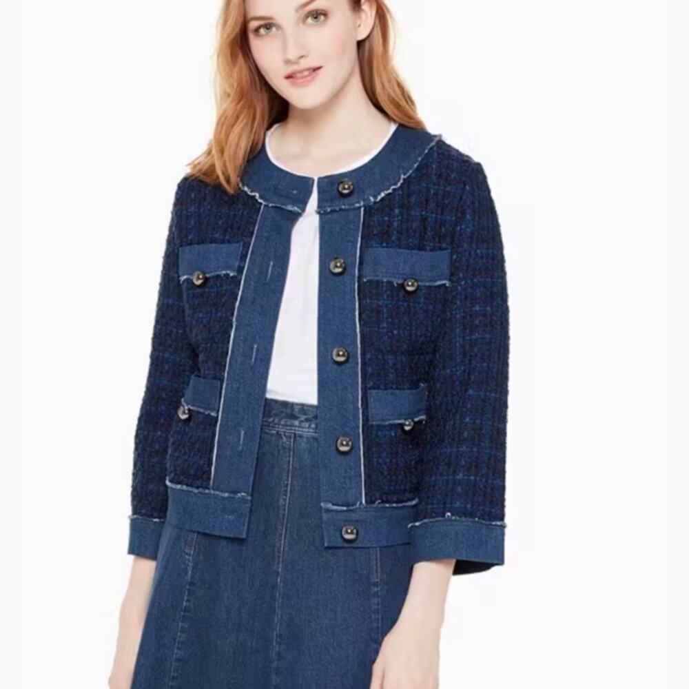 Kate Spade Broome Street Blazer Jacket Womens S Wool Blend Denim Tweed Button